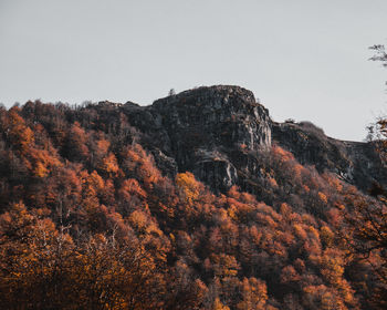 Low angle view of rocks against sky during autumn