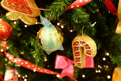 Close-up of christmas decoration hanging on tree