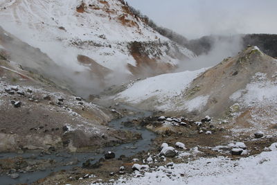 Scenic view of snowcapped mountains during winter