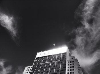 Low angle view of modern building against cloudy sky
