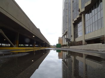 Reflection of buildings in puddle against sky