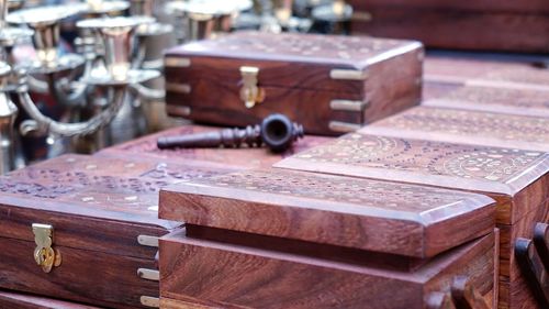 Close-up of old table and wood things