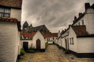 Houses by street in town against sky