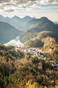 High angle view of buildings and mountains against sky