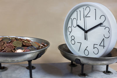 Close-up of clock on table