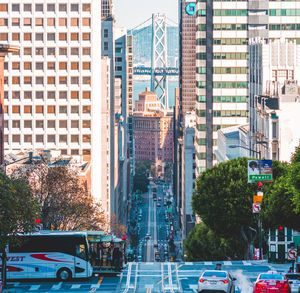 Cars on city street by buildings