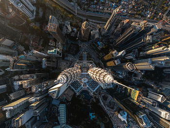 High angle view of illuminated buildings in city