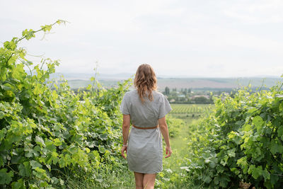 Rear view of woman standing by plants against sky