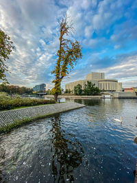 Scenic view of lake by buildings against sky