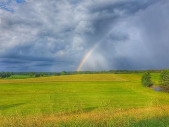 Scenic view of rainbow over field