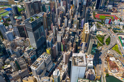 High angle view of modern buildings in city