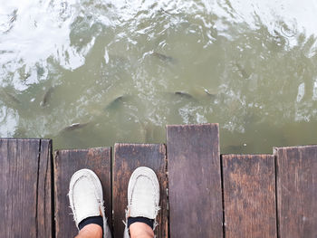 Low section of man standing on pier over sea