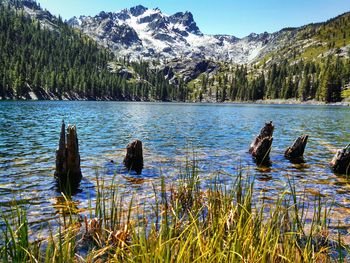 Scenic view of lake against mountain range