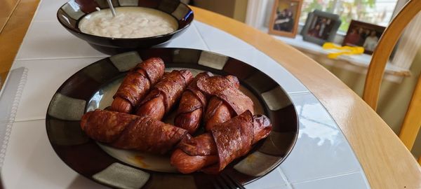 High angle view of breakfast in plate on table