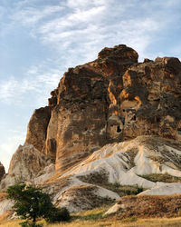 Low angle view of rock formations against sky