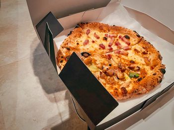 High angle view of pizza on plate