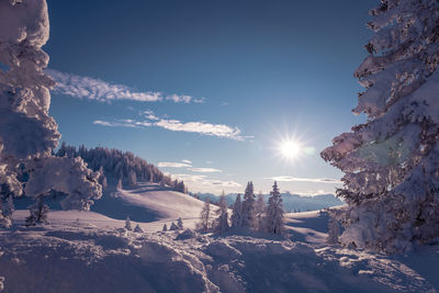 Scenic view of snow covered mountain against sky