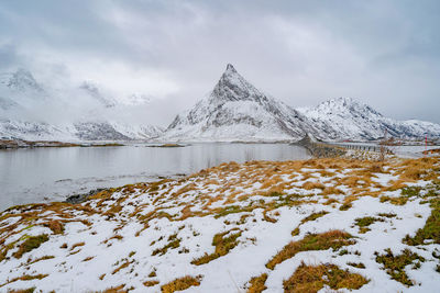 Scenic view of snowcapped mountains against sky