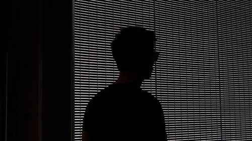 Rear view of silhouette man standing against window