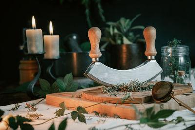 Close-up of christmas decorations on table