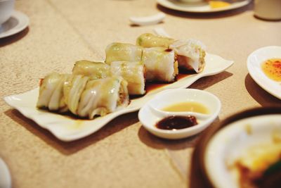 Close-up of food served in plate on table