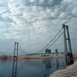 Bridge over river against cloudy sky