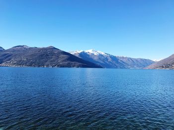 Scenic view of lake and mountains against clear blue sky