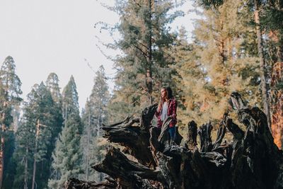 Woman standing by trees in forest during winter