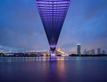 Illuminated bridge over river by buildings against sky at dusk