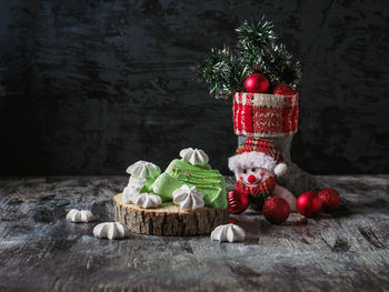 Close-up of christmas decorations on table
