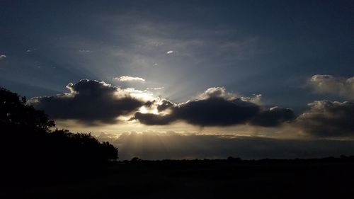 Silhouette trees on landscape against sky at sunset