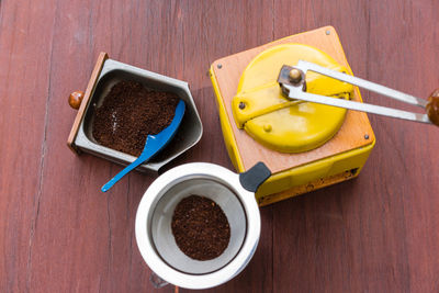 High angle view of tea in bowl on table