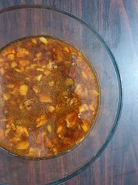 Directly above shot of soup in bowl on table