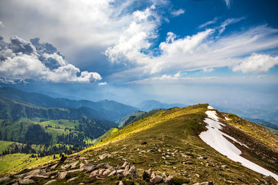 Scenic view of sea and mountains against sky