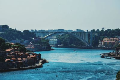Bridge over river with city in background