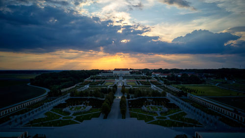 High angle view of buildings during sunset