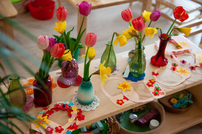 High angle view of various flowers on table