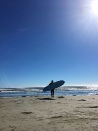 Man on beach against clear blue sky