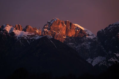 Scenic view of mountains against sky during sunset