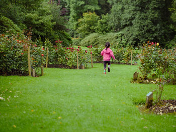 Rear view of girl running on grassland