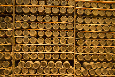 Full frame shot of bottles on shelves