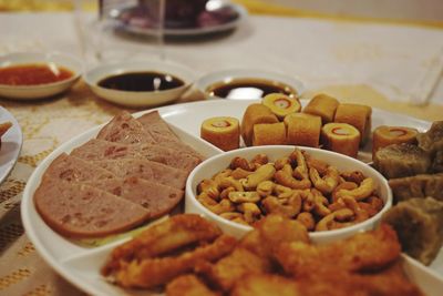 High angle view of breakfast served on table