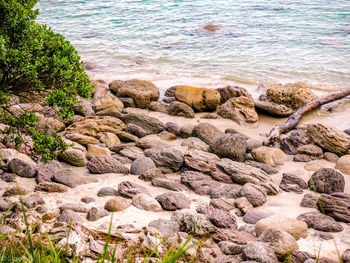 High angle view of rocks on beach