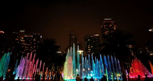Panoramic view of illuminated cityscape against sky at night
