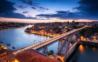 High angle view of illuminated bridge over river by buildings against sky