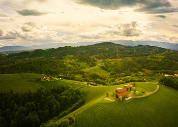 Aerial panorama of of green hills and vineyards with mountains. austria vineyards landscape.