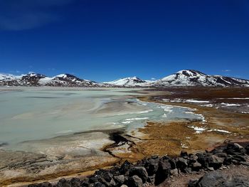 Scenic view of snowcapped mountains against clear blue sky