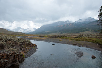 Scenic view of lake against cloudy sky