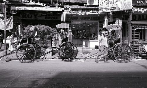 Bicycles parked on street in city