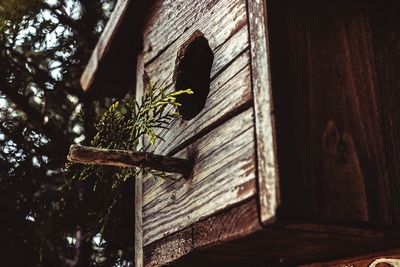 Low angle view of wooden birdhouse